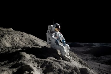 Moon astronaut sitting on a cliff in isolation. Generative AI