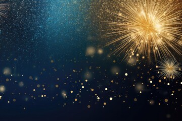 Glittery Gold, Black, And Blue Background With Fireworks Ideal For Holiday Events - obrazy, fototapety, plakaty