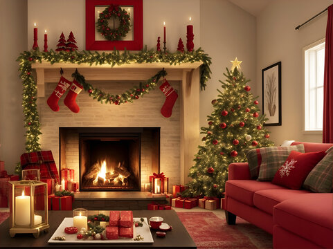 Un árbol de navidad con luces y regalos junto a una chimenea encendida. Vista de frente y de cerca. IA Generativa
