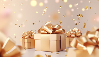 gold gift box with ribbon and bow on beige background with empty copy space - obrazy, fototapety, plakaty