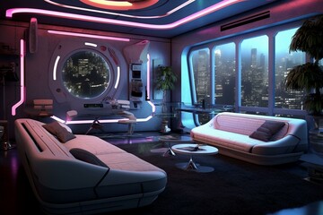 Futuristic living room with a cyberpunk vibe. Generative AI