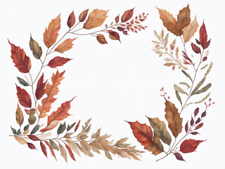 Marco con hojas marrones y beige sobre un fondo blanco liso y aislado. Vista de frente y de cerca. Copy space. IA Generativa - obrazy, fototapety, plakaty
