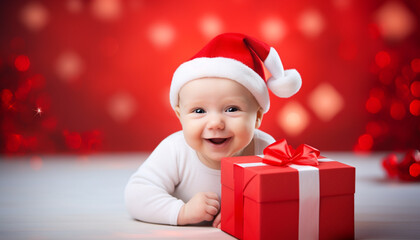 happy smiling child in santa hat with gift