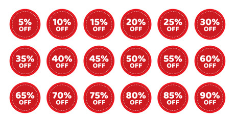 Discount offer sale stickers in red color with stitched effect. Discount sale off tag, 50, 20, 10, 40, 30, 60, 70, 45, 90, 5, 15 percent. Set sale offer emblem, badge price discount number. Flat offer
