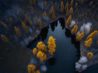 Fototapeta na wymiar Paisaje aéreo de un lago rodeado de pinos. Vista superior. IA Generativa