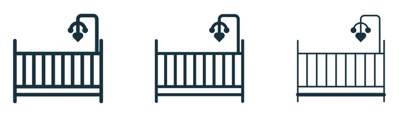 Crib sign icon set. Child cot bed vector icon. Baby cradle vector icon for ui designs.