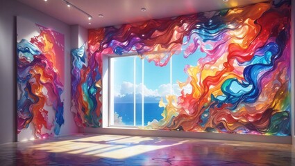paintings on the walls made of epoxy resin multicolored light from the window 
