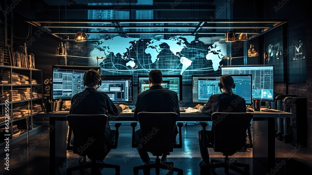 Poster An image of cybersecurity professionals monitoring network security and defending against cyber threats, illustrating the importance of protecting digital assets