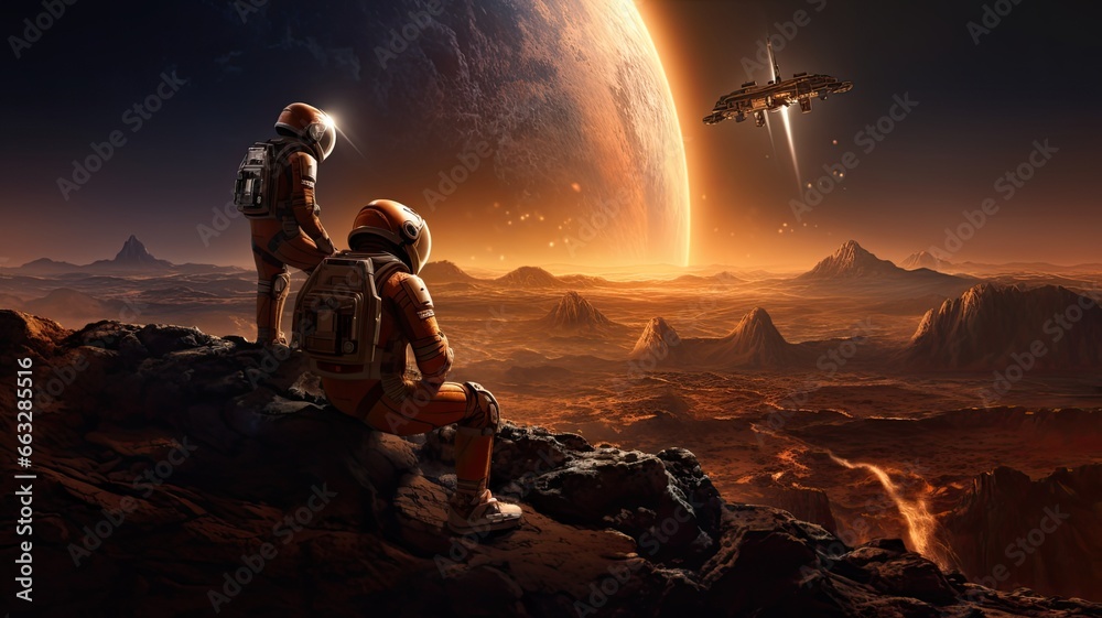 Poster an image of astronauts on mars or in a spacecraft, illustrating humanity's ongoing quest to explore 