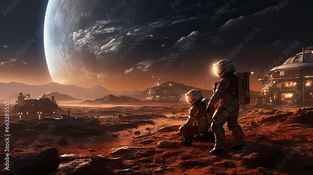 Poster an image of astronauts on mars or in a spacecraft, illustrating humanity's ongoing quest to explore 