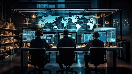 An image of cybersecurity professionals monitoring network security and defending against cyber threats, illustrating the importance of protecting digital assets - obrazy, fototapety, plakaty