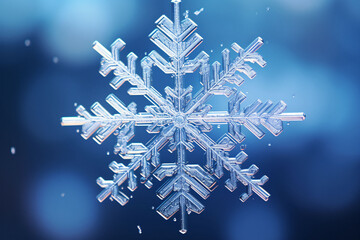 Detail of snowflakes in front of winter landscape, snowflakes closeup illustration background