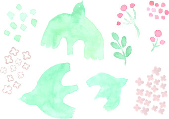 水彩で描いた北欧風の鳥と植物の背景イラスト