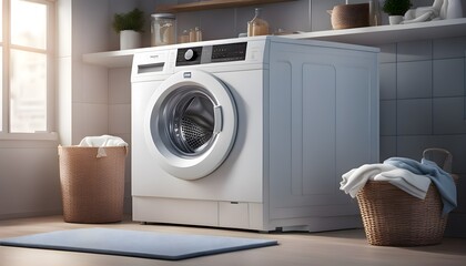 Wide washing machine in a bright small room, wicker baskets for clean and dirty clothes