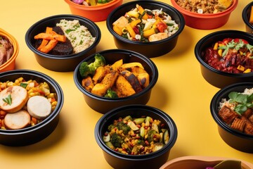 Fototapeta premium Numerous Containers Filled With Delicious Food On Colorful Background