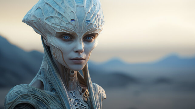 Extraterrestrial alien Queen in a foggy planet.