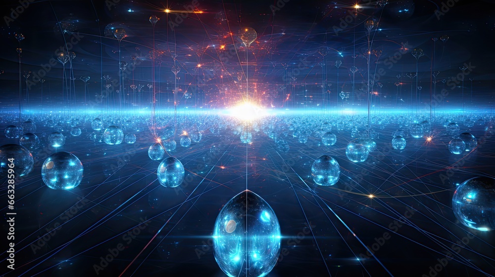Poster Visualize scientists conducting quantum experiments and research, pushing the boundaries of computing capabilities, and exploring quantum entanglement
