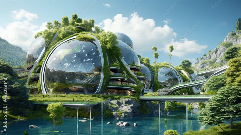 Poster Visualize engineers designing energy-efficient buildings and renewable energy systems, emphasizing the importance of green technology in reducing carbon emissions