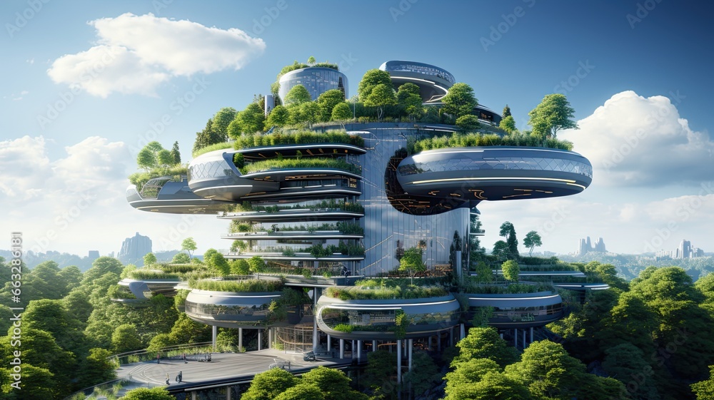 Poster Visualize engineers designing energy-efficient buildings and renewable energy systems, emphasizing the importance of green technology in reducing carbon emissions