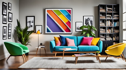 a brightly colored couch in a living room with a lot of pictures on the wall