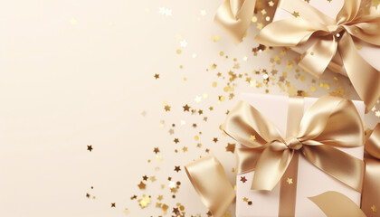 golden gift box with ribbon and bow on beige background with empty copy space
