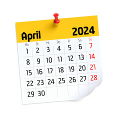 April Calendar 2024 in German Language. Isolated on White Background. 3D Illustration