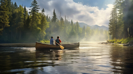 Adventurers are sailing down the river on a wooden canoe - obrazy, fototapety, plakaty