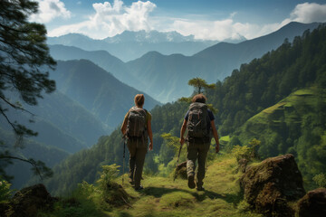 Fototapeta na wymiar Tourists walking in the mountains with big backpacks
