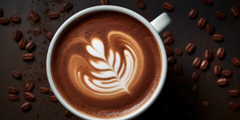 latte art coffee mug from above Cappuccino coffee photo background - obrazy, fototapety, plakaty