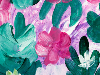 Abstract pink flowers, original hand drawn, impressionism style, color texture, brush strokes of paint,  art background.