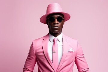 Confident and stylish African American man wearing pink hat and sunglasses, modern and trendy pink outfit giving a cool retro look.