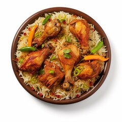 chicken mandi rice top view dish in white background 