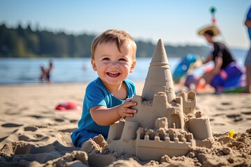 An adorable scene of a cute boy enjoying a summer day at the beach building a sand castle. - obrazy, fototapety, plakaty