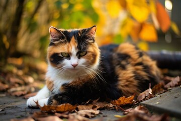 Naklejka na ściany i meble A tortoiseshell cat rests on the ground outdoors. Generative AI