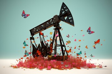 Oil derrick with butterflies, pumping crude oil. Represents petroleum production. 3D rendering. Generative AI