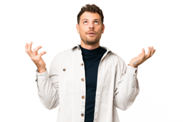 Brazilian man over isolated chroma key background stressed overwhelmed