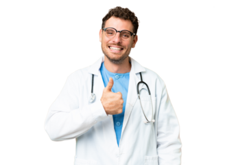 Brazilian doctor man over isolated chroma key background giving a thumbs up gesture