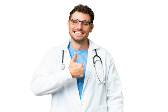 Brazilian doctor man over isolated chroma key background giving a thumbs up gesture