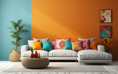 Modern bright room interior with a soft cozy sofa, colorful pillows, green plants and modern lamps, orange and blue wall