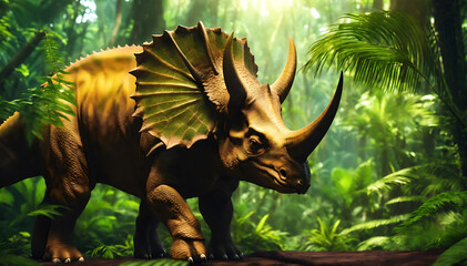Fototapeta premium Triceratops roaming a tropical environment. green jungle, light shines through. Triceratops dinosaur in green prehistoric jungle forest on a Sunny morning. lush rain forest. Generative AI