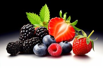 fruit, strawberry, kiwi, berries, on a black background.
