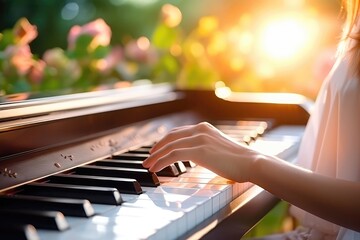Skilled Hands Press Piano Keys, Creating Harmonious Melody Amidst The Serene Natural Surroundings,...