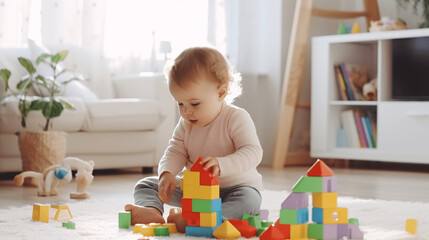 Cute little baby girl playing with colorful blocks at home, copy space