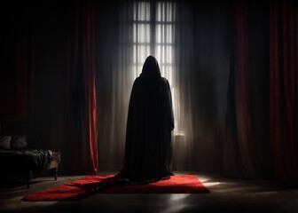 A person in the black robe standing in the middle of window and curtain inside dark room.