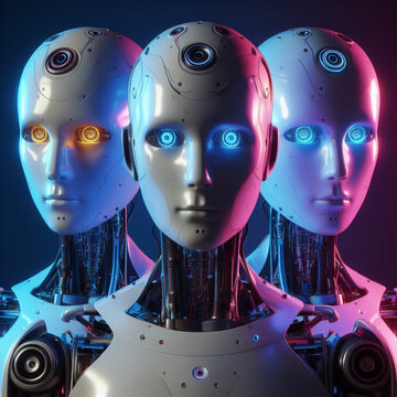 Time de 3 Rob&ocirc;s human&oacute;ides, cabe&ccedil;a com olhos brilhantes e coloridos, ultra realista