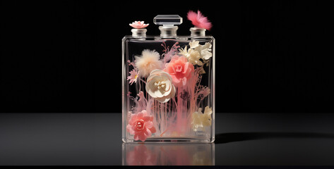 flower in glass, bottle of perfume on white background, bottle of perfume isolated on white, bottle of perfume