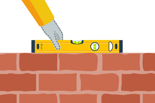 Building a wall. The process of building a brick wall, the builder holds a building level in hands. Vector illustration flat design. Isolated on white background.