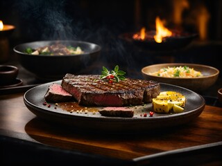 Fototapeta premium Perfectly marbled Kobe rib eye steak, seared to perfection. AI generated