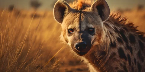 Poster A wild  Spotted Hyenas  dog background picture beautiful animal in yellowish sunset color generative AI © Sohail