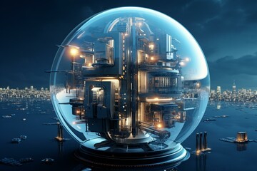 Futuristic glass globe houses high-tech computer machinery with a glowing orb. Generative AI